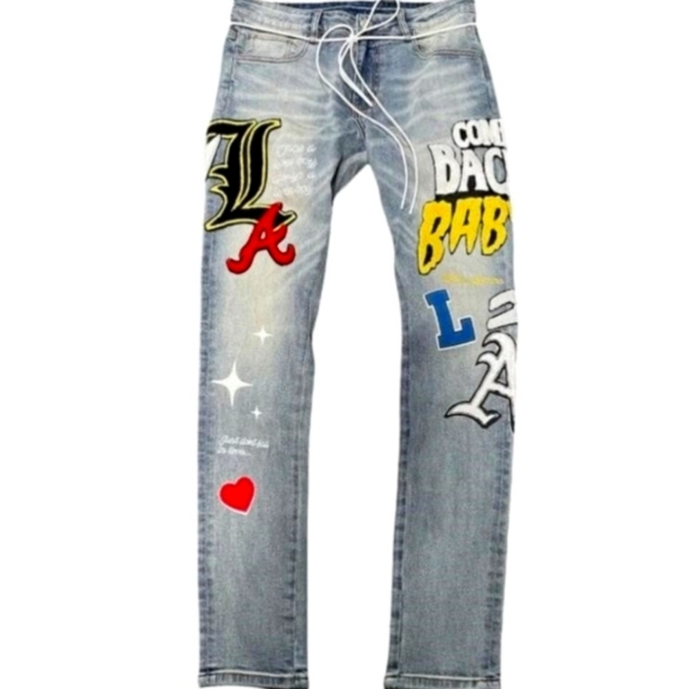 Embellish Men's Lifted Anchors Boulevard Puff Print Denim, Blue Wash, Size 32W